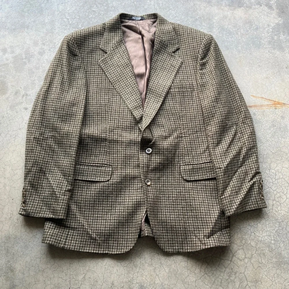 Haggar Clothing Co Mens Pure Wool Houndstooth Blazer Brown Tan Sport Coat 44R